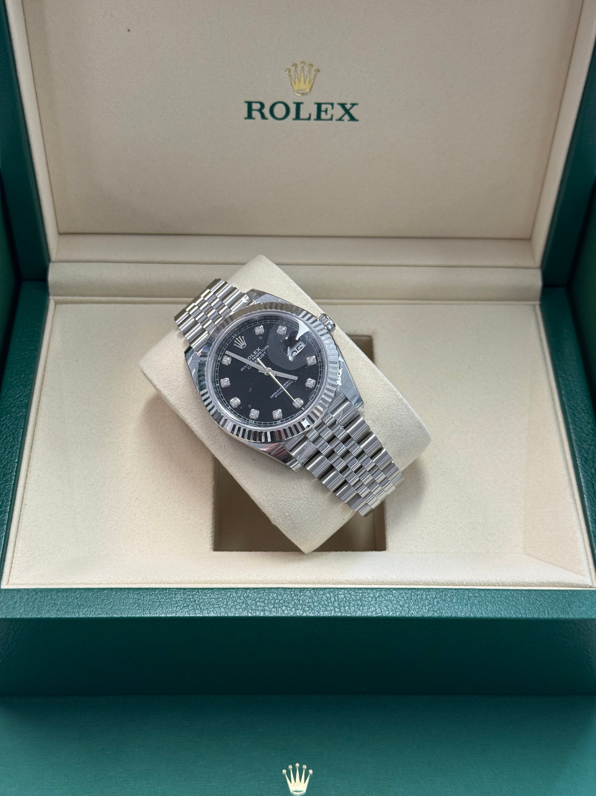 2025 ROLEX DATEJUST 41 STAINLESS STEEL BLACK DIAL w/ DIAMOND MARKERS 126334