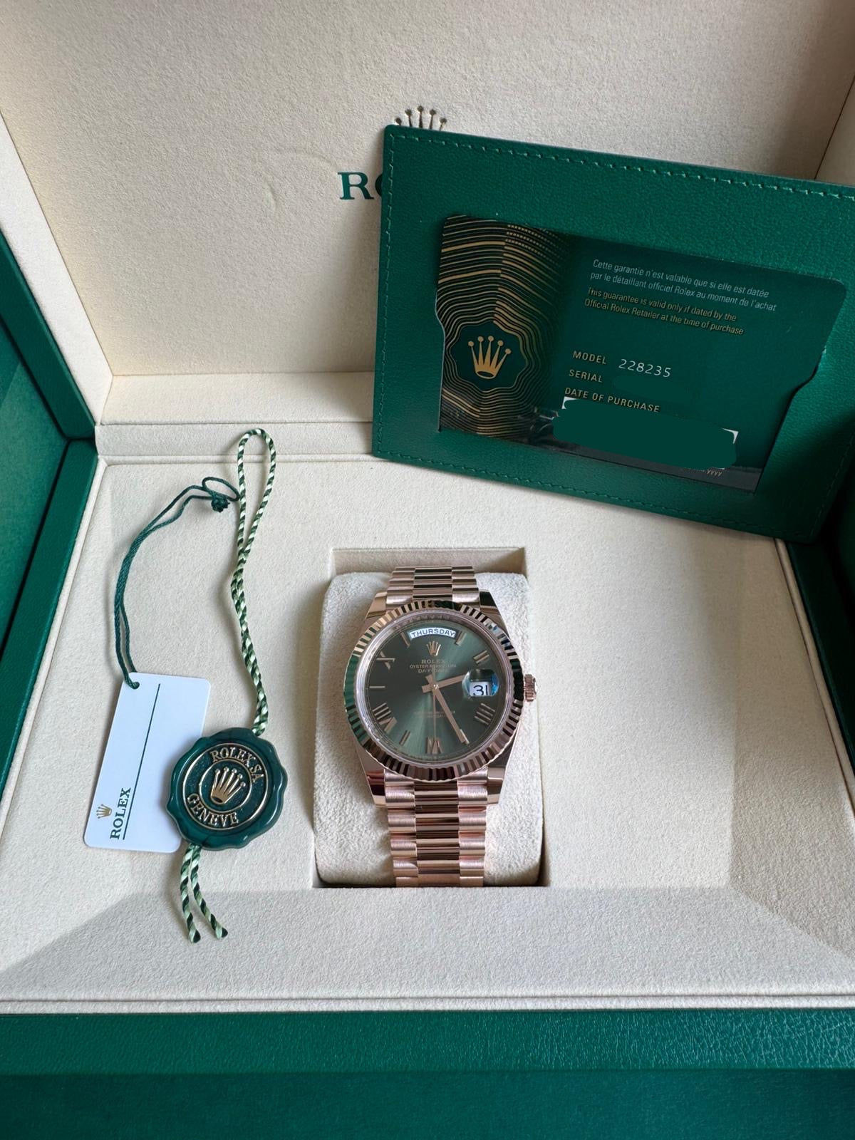 2025 ROLEX DAY-DATE 40 ROSE GOLD OLIVE DIAL 228235