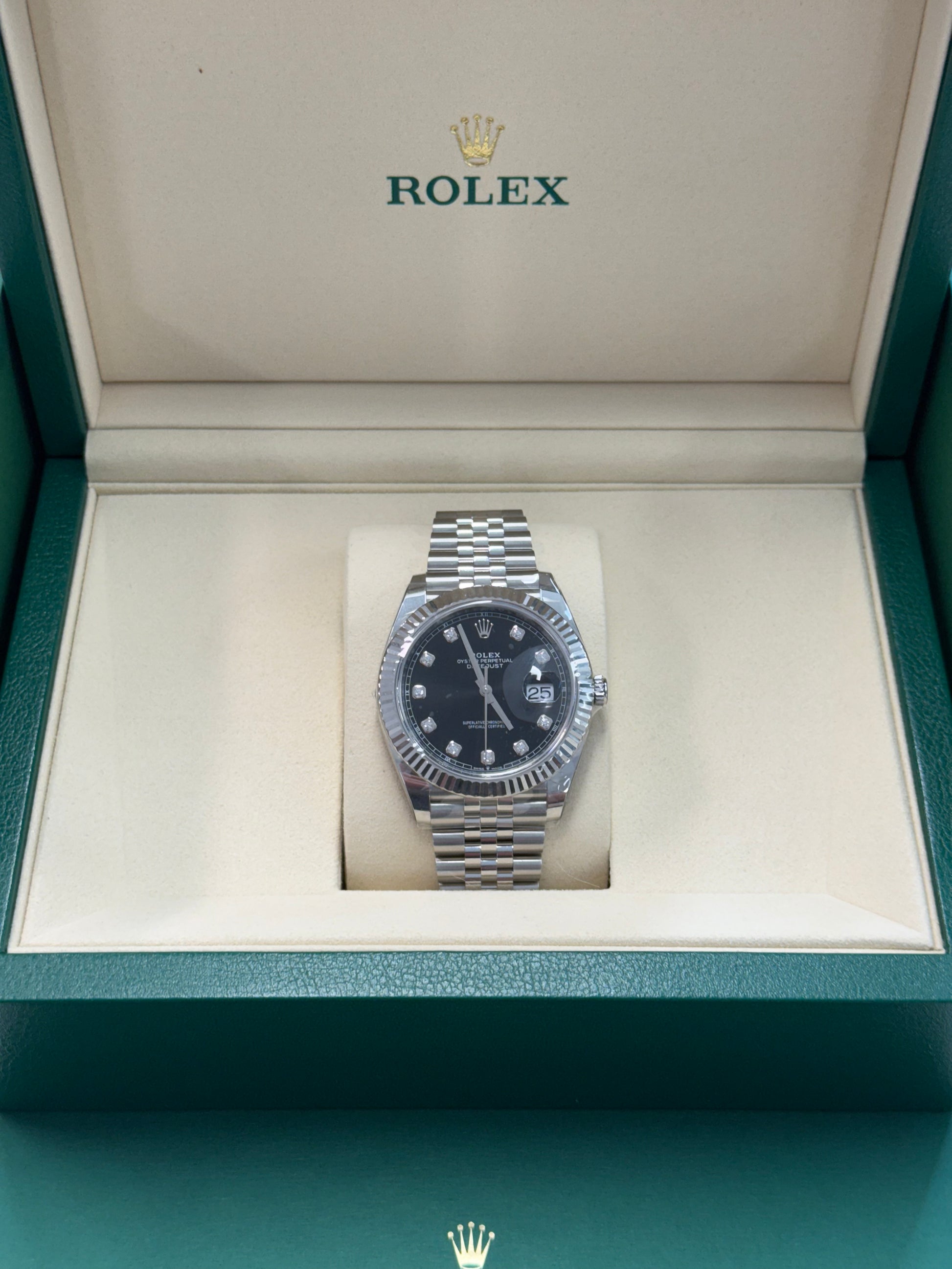 2025 ROLEX DATEJUST 41 STAINLESS STEEL BLACK DIAL w/ DIAMOND MARKERS 126334